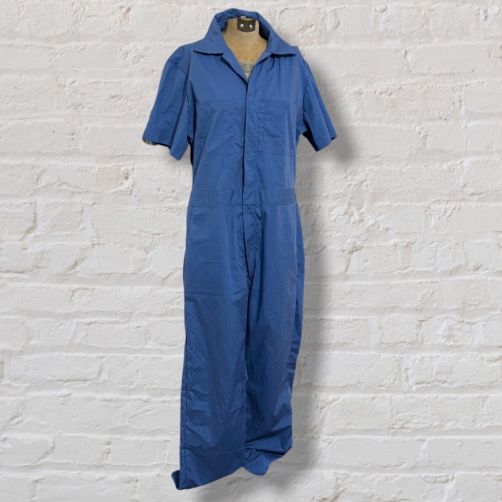 VINTAGE 80s Dickies Light Medium Blue Short Sleeve Zip Up Industrial Coveralls